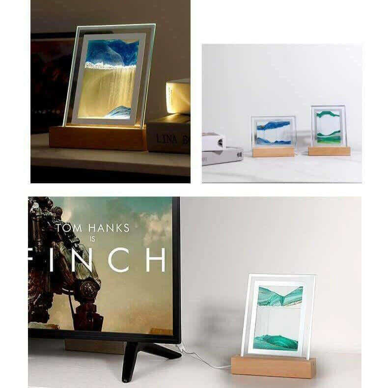 Three Soothing Sands 3D Night Lights displaying dynamic sand art landscapes in different room settings.