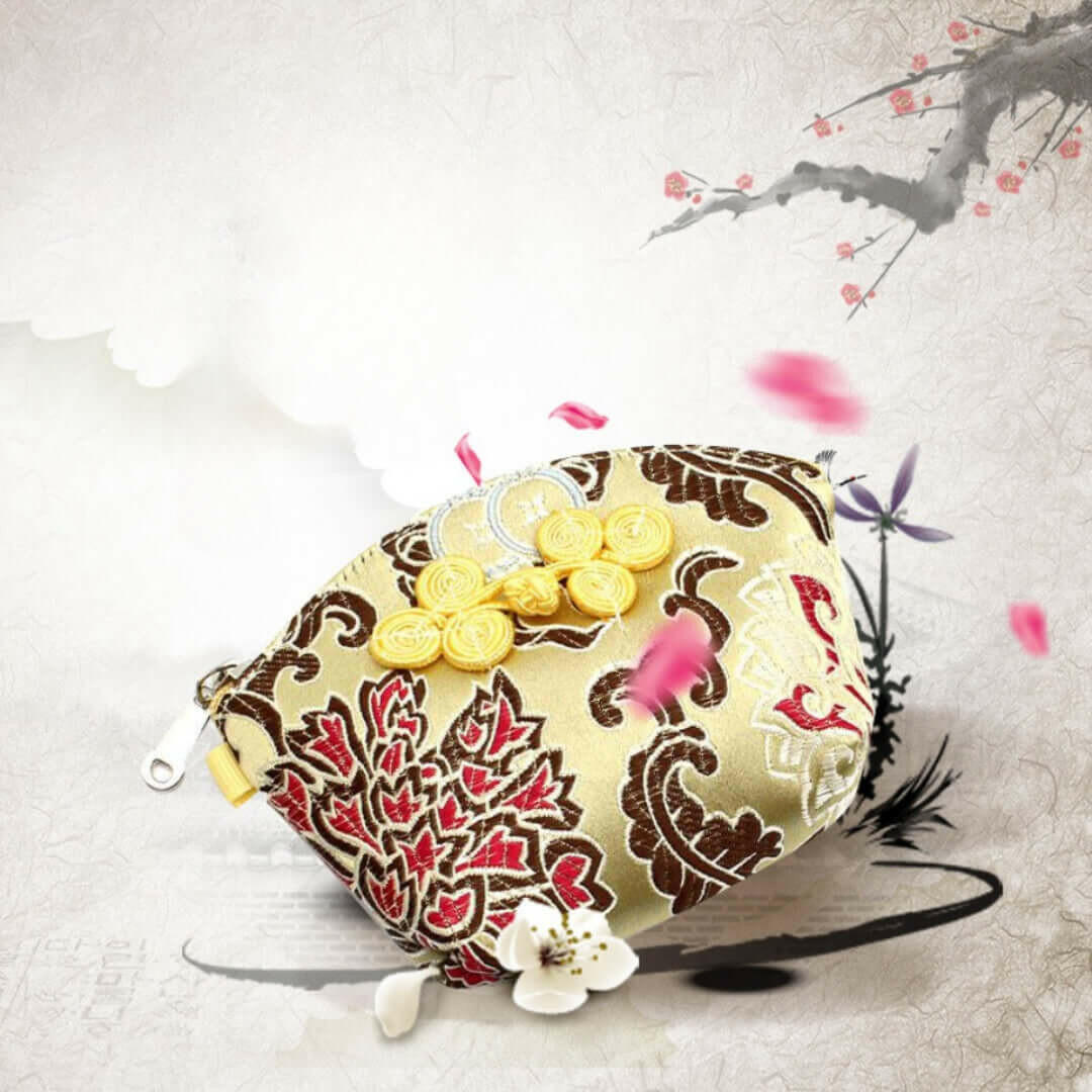 Silken Touch palm-sized Nanjing brocade wallet with traditional floral design in red and gold, showcasing artistic elegance and luxury