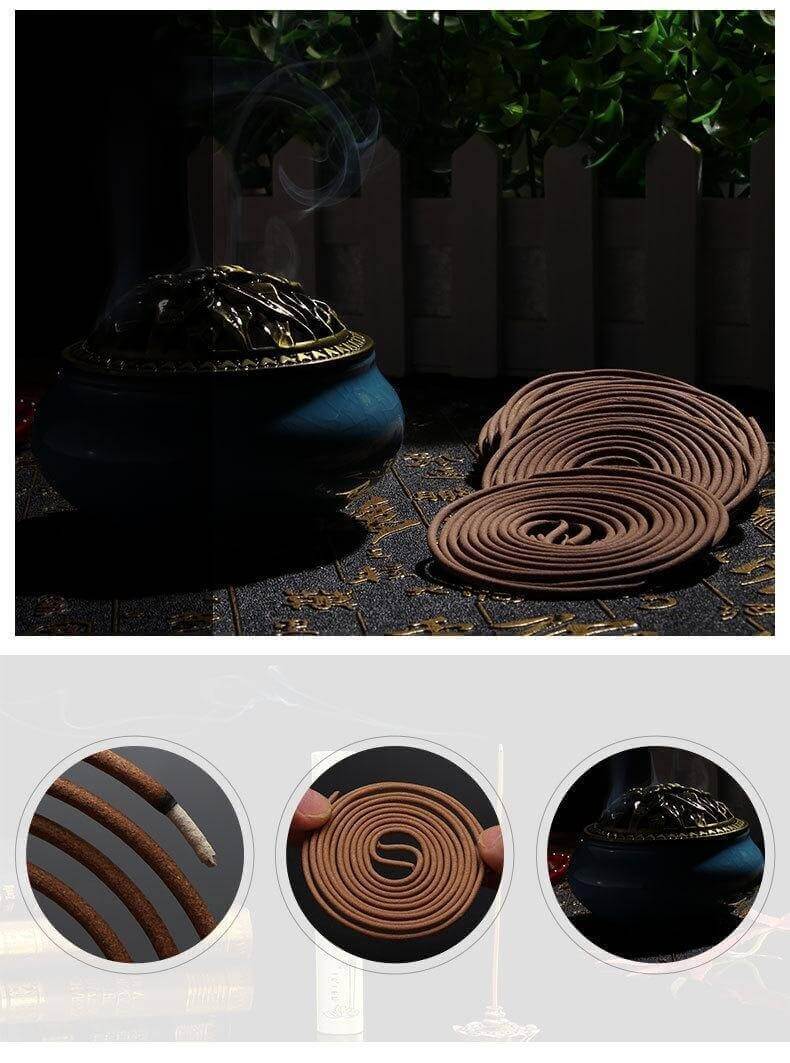 Chinese incense coils with ornate holder and close-up details, featuring high-quality fragrance crafted using traditional techniques