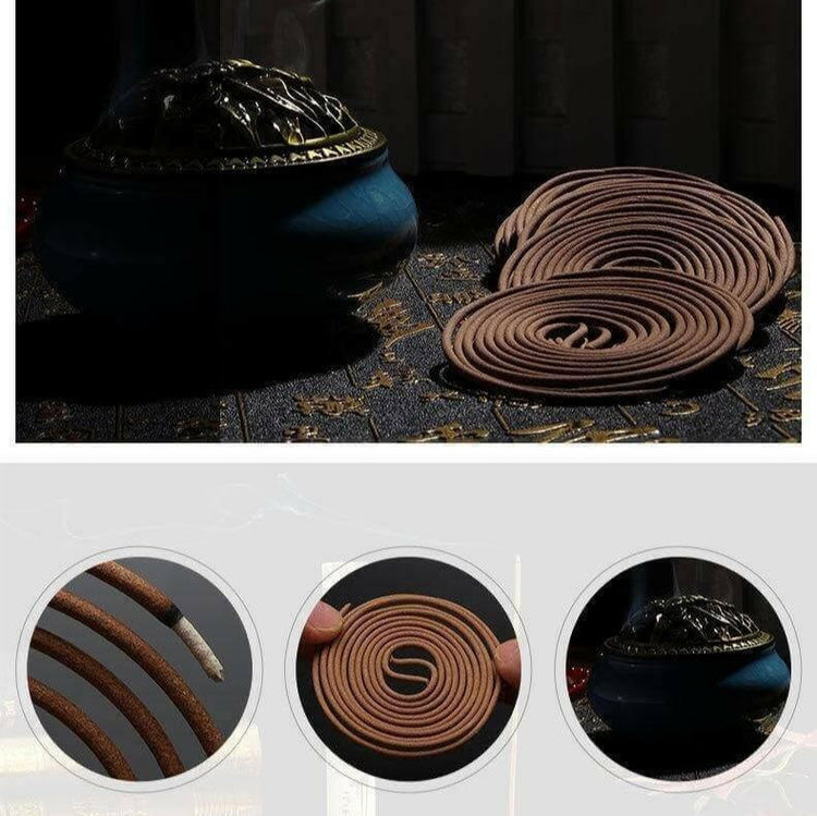 Chinese incense coils with ornate holder and close-up details, featuring high-quality fragrance crafted using traditional techniques