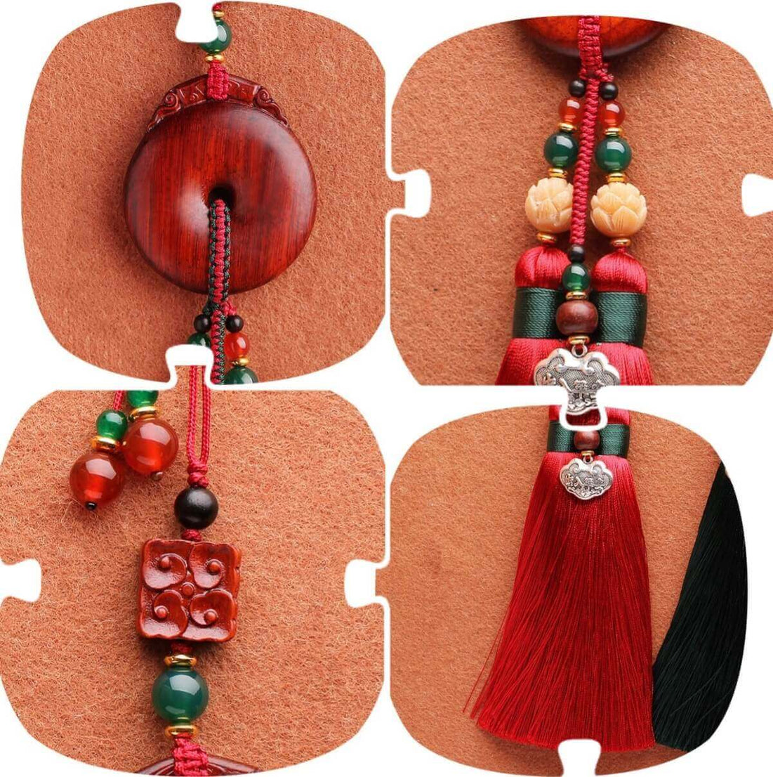 Yomkey's Peace Buckle car pendant made of Zambian Red Sandalwood, featuring intricate design elements, beads, and tassels for car or home decor.