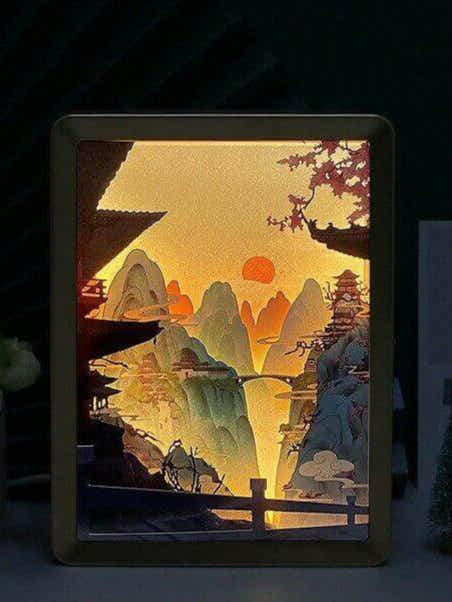 3D papercut night lamp showcasing intricate Chinese landscape design, illuminating a room with cultural elegance and modern lighting.