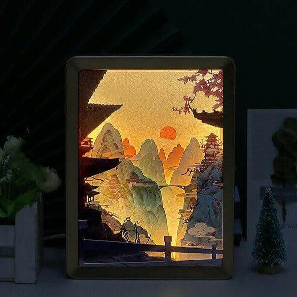 3D papercut night lamp showcasing intricate Chinese landscape design, illuminating a room with cultural elegance and modern lighting.