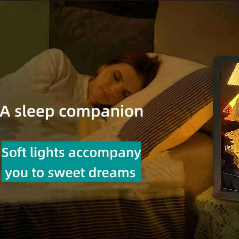 Woman sleeping beside a 3D Chinese papercut night lamp emitting soft, warm light.