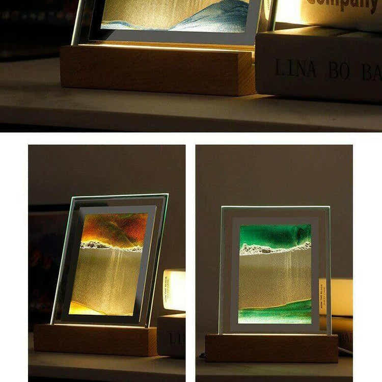 "Soothing Sands 3D Night Light displaying serene shifting landscapes on a desk, perfect as an eco-friendly and calming home decor piece."