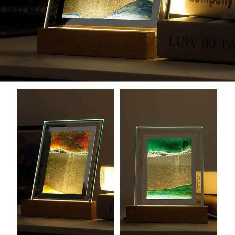 "Soothing Sands 3D Night Light displaying serene shifting landscapes on a desk, perfect as an eco-friendly and calming home decor piece."