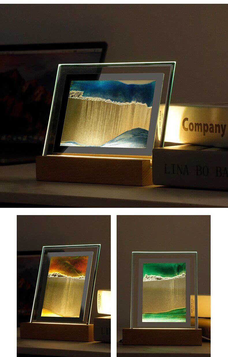 "Soothing Sands 3D Night Light displaying serene shifting landscapes on a desk, perfect as an eco-friendly and calming home decor piece."