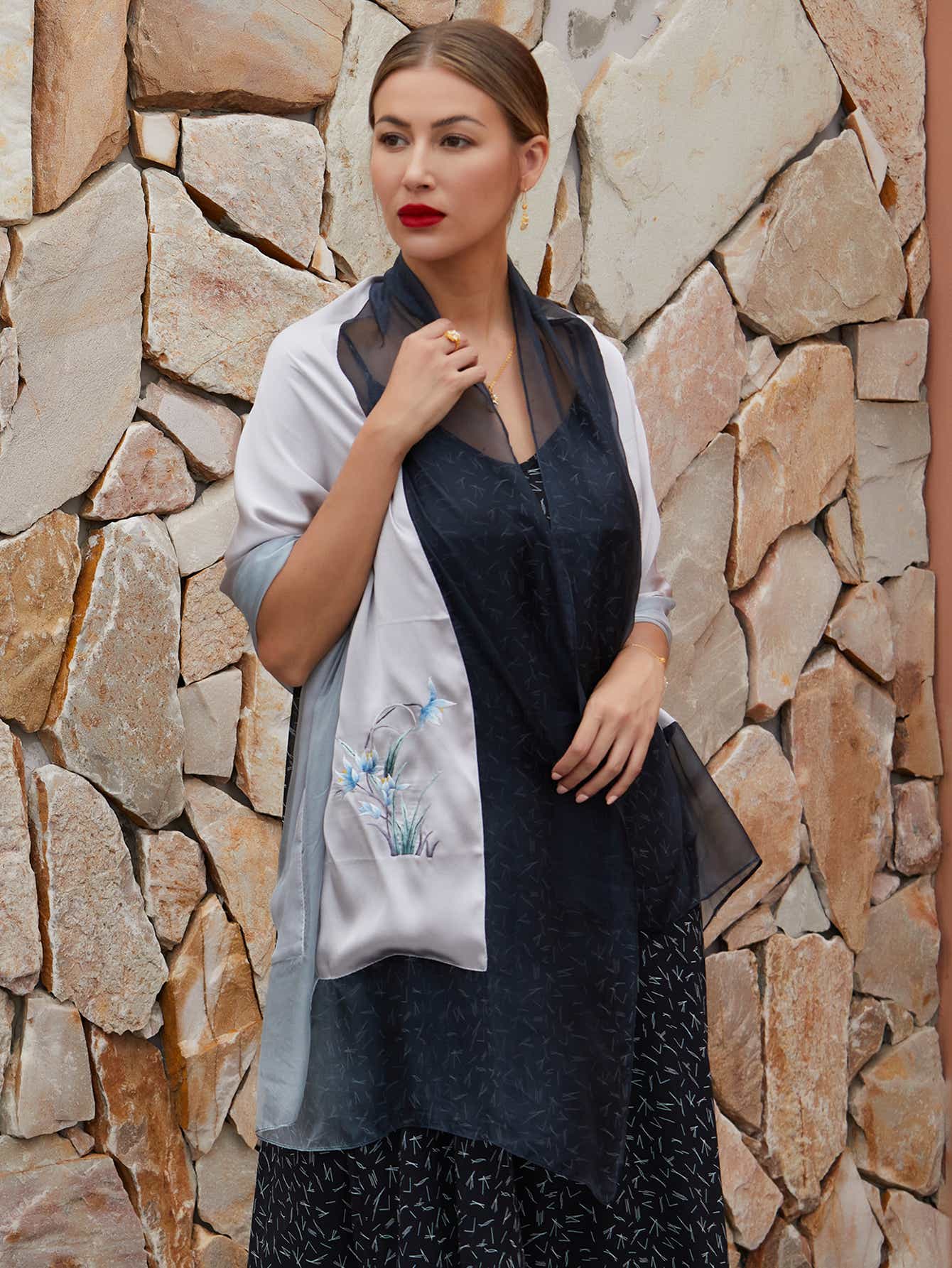 Gray-black silk scarf with orchid embroidery, showcasing a breathable, silky texture perfect for year-round wear with both elegance and comfort.