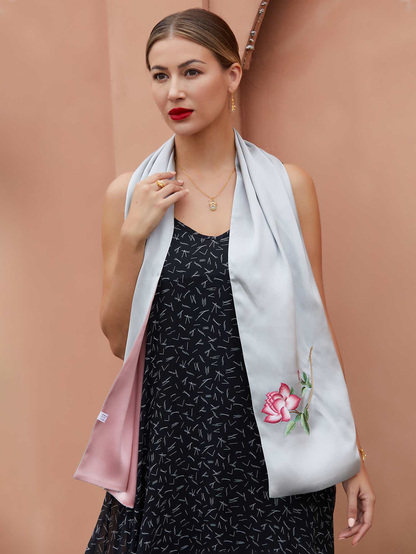 Grey-pink Suzhou silk scarf with vibrant orange blossom embroidery, perfect for adding luxury and cultural heritage to any wardrobe.