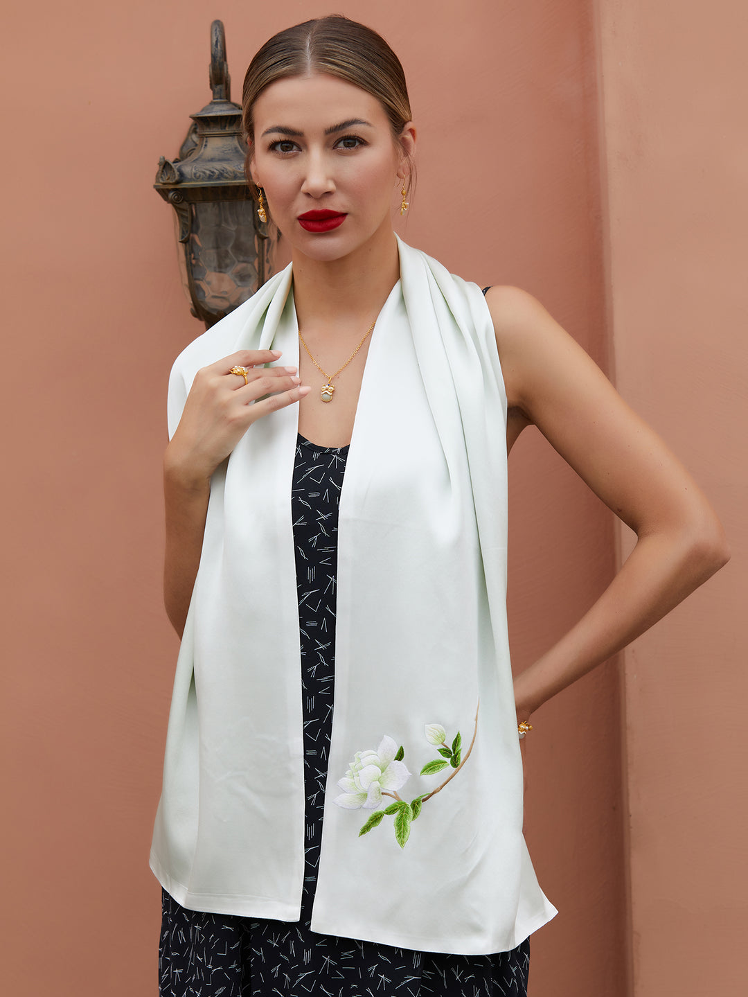 Hand-embroidered Suzhou silk scarf in white, featuring delicate orange blossom design, crafted from luxurious 18-momme mulberry silk.