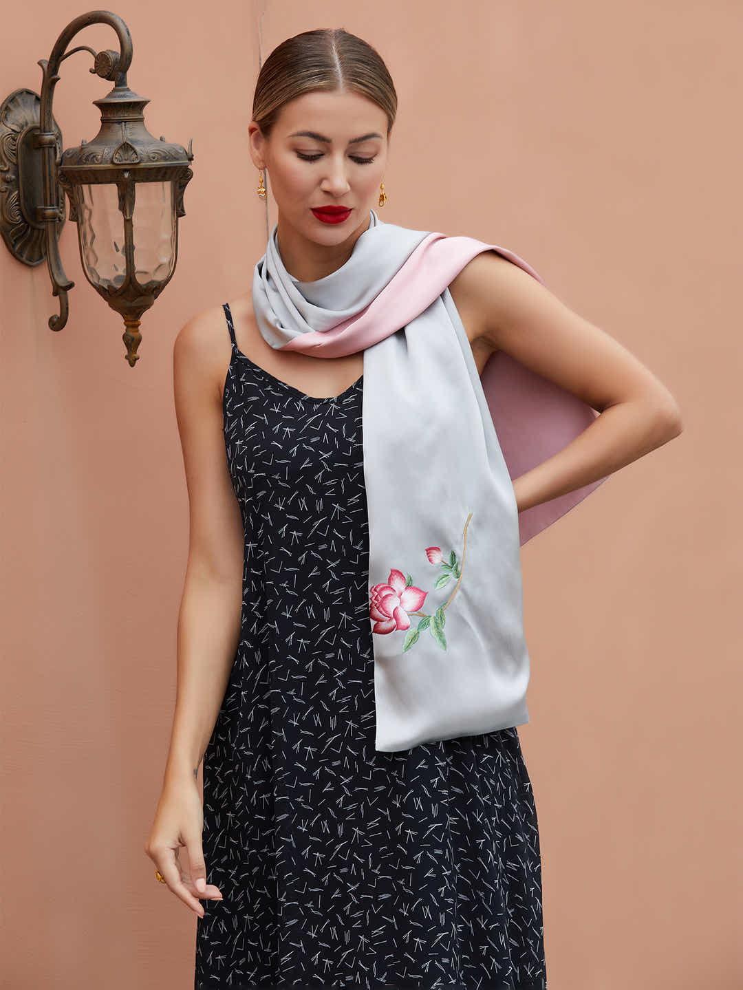 Luxury grey-pink Suzhou silk scarf featuring handcrafted orange blossom design, perfect for gifting on special occasions or as a personal treat.