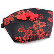 Silken Touch Nanjing Brocade Palm-Sized Wallet with Red Floral Pattern on Black Background