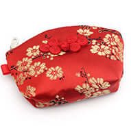 Silken Touch palm-sized Nanjing brocade wallet in red silk with floral design, perfect for keys, cash, cards, and IDs.