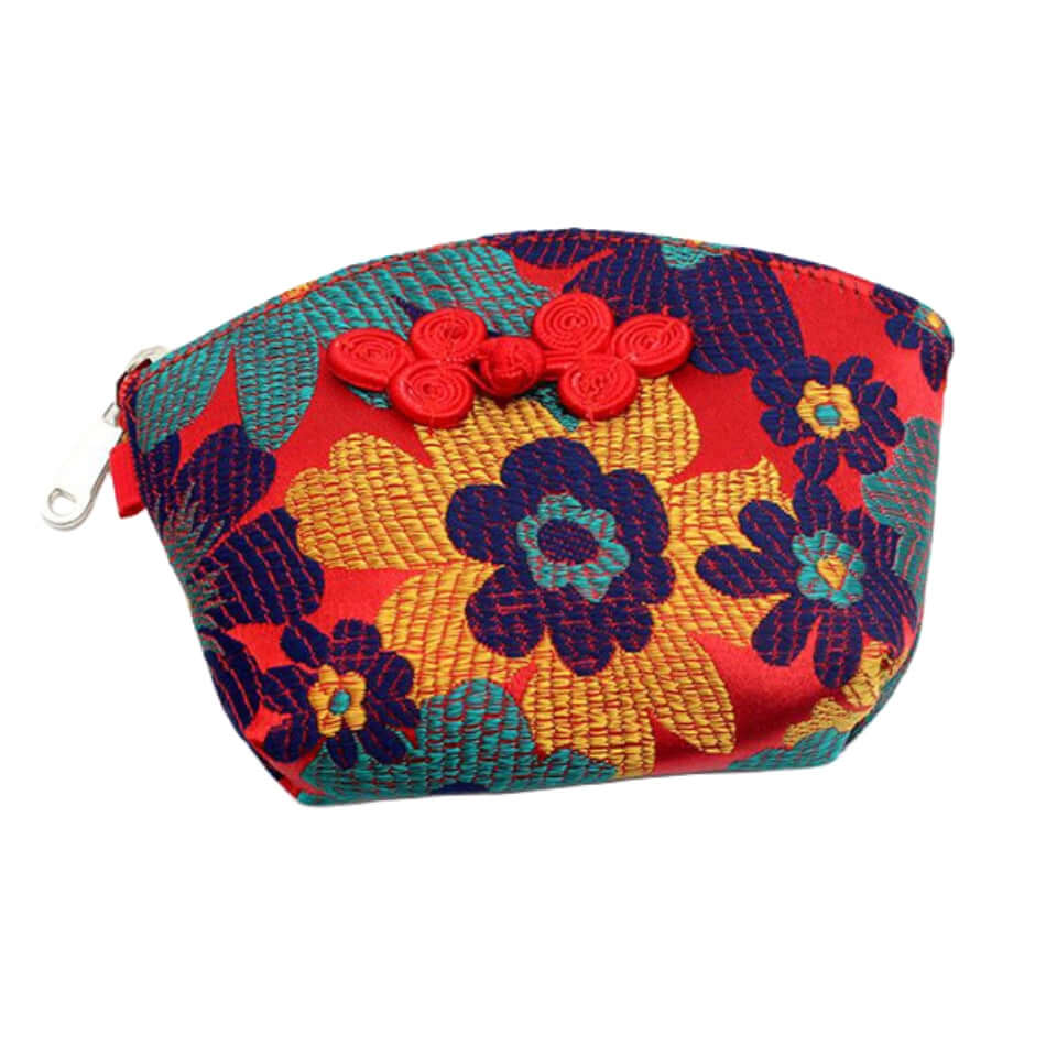 Silken Touch palm-sized Nanjing brocade wallet with traditional floral embroidery in vibrant red, yellow, and blue hues