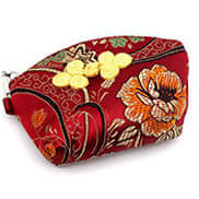 Compact Silken Touch palm-sized Nanjing brocade wallet in red with floral design, perfect for keys, cash, cards, and IDs.