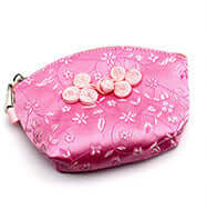 Palm-sized Nanjing silk brocade wallet in elegant pink design with floral patterns and button embellishments.