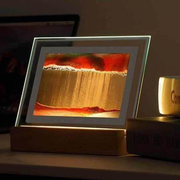 Soothing Sands 3D Night Light displaying a serene landscape of shifting sands on a wooden base, creating a calming visual ambiance.