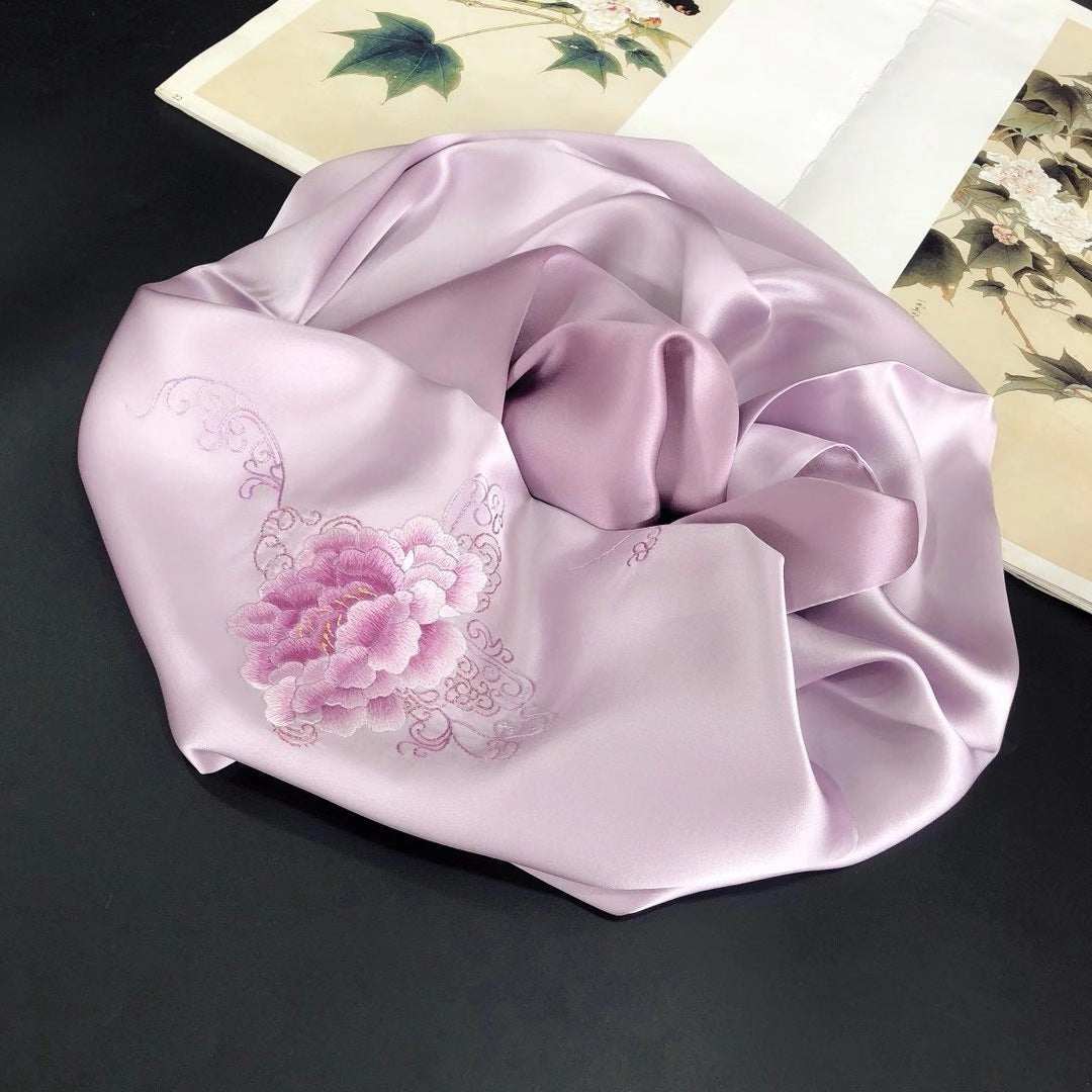 Exquisite Chinese Handcrafted Silk Scarf with Tree Peony Embroidery, Lavender Pink Fabric