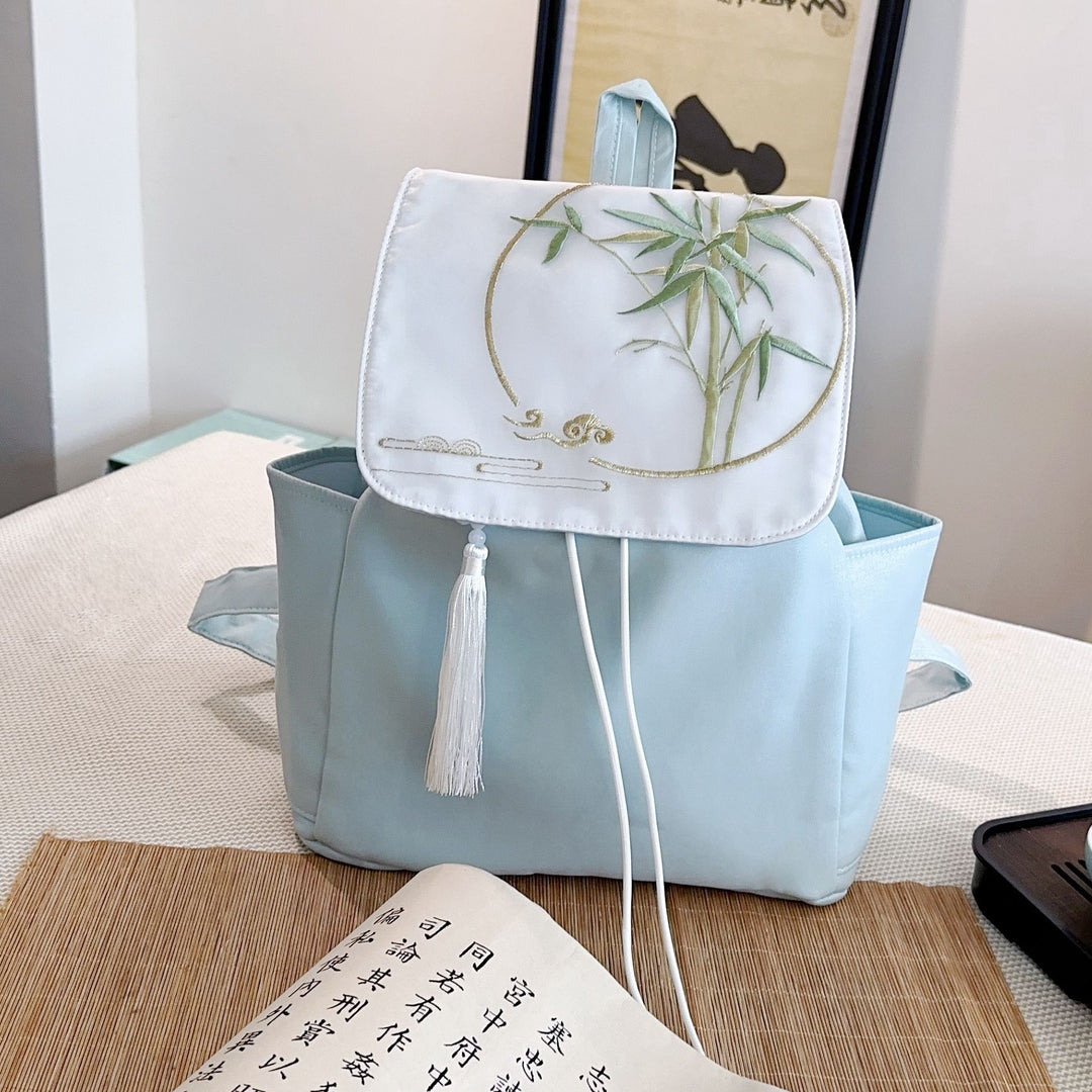 Exquisite Artistic Large Canvas Backpack with Embroideries with Bamboo Pattern and Blue Color Fabric