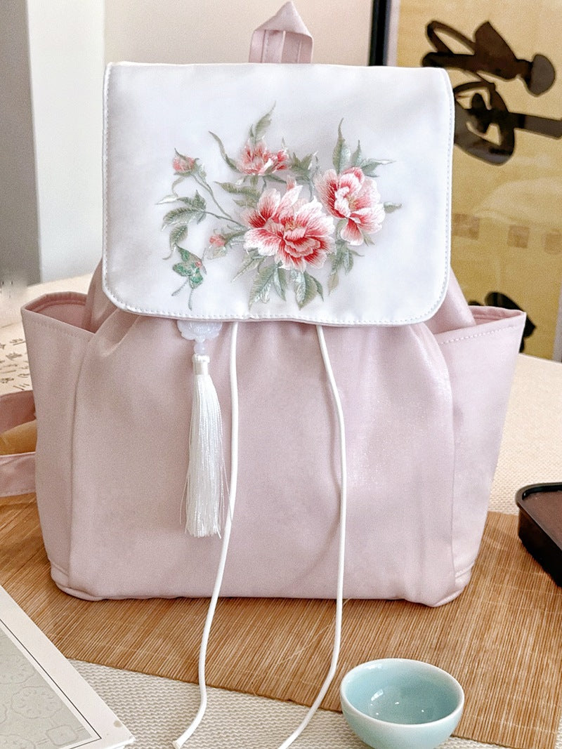 Exquisite Artistic Large Canvas Backpack with Embroideries Tree Peony Pattern and Pink Color Fabric