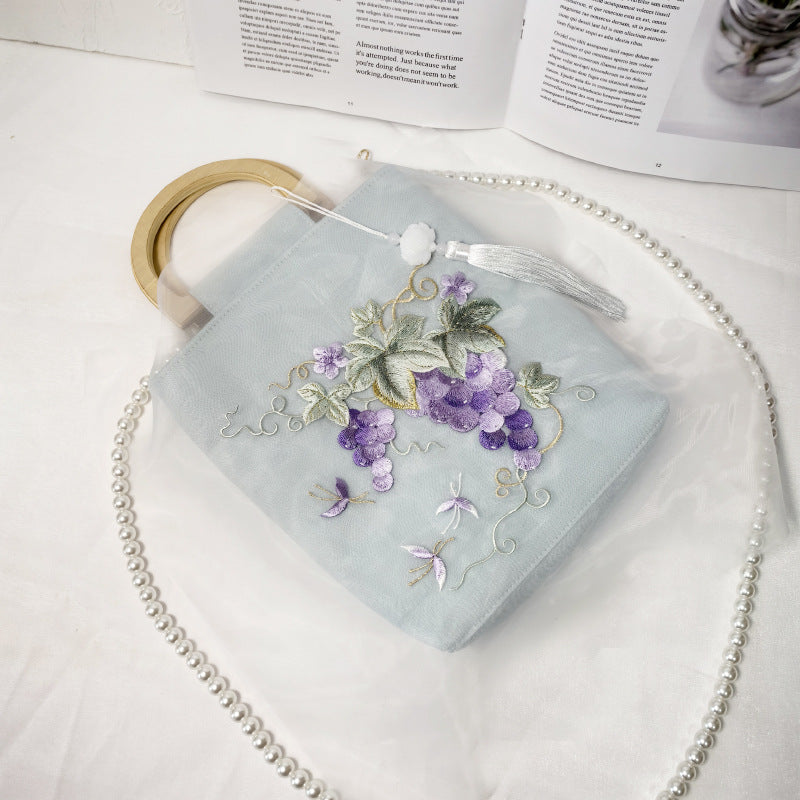 Exquisite Chinese Handcrafted Crossbody Bag with Silk Embroidery, Blue Color Canvas Fabric With Grape Pattern and Wooden Handle
