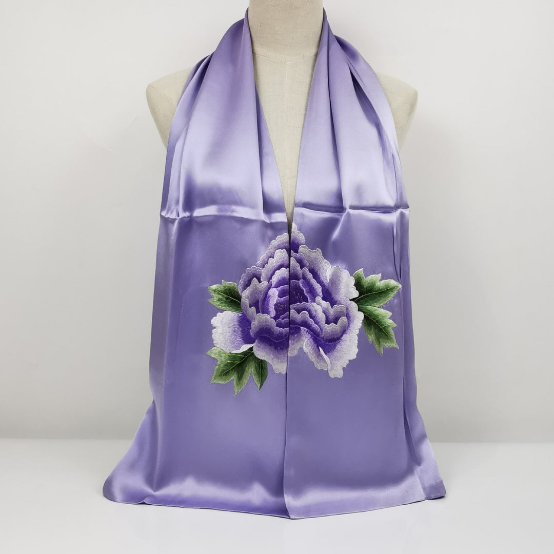 Exquisite Traditional Chinese Handcrafted Silk Scarf with Tree Peony Embroidery, Purple Color