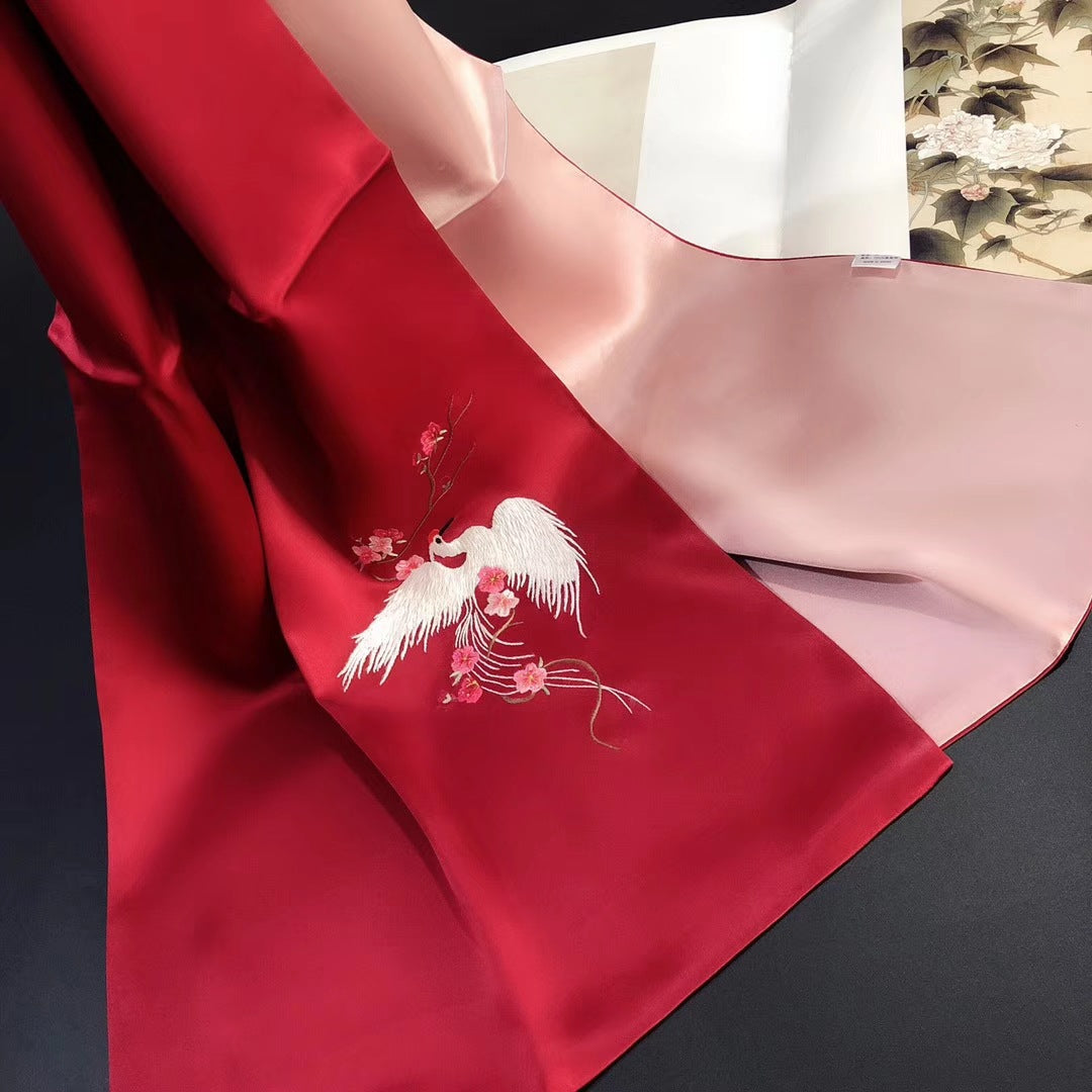 Exquisite Chinese Handcrafted Silk Scarf with White Phoenix Embroidery, Red and Pink Double-Sided Fabric