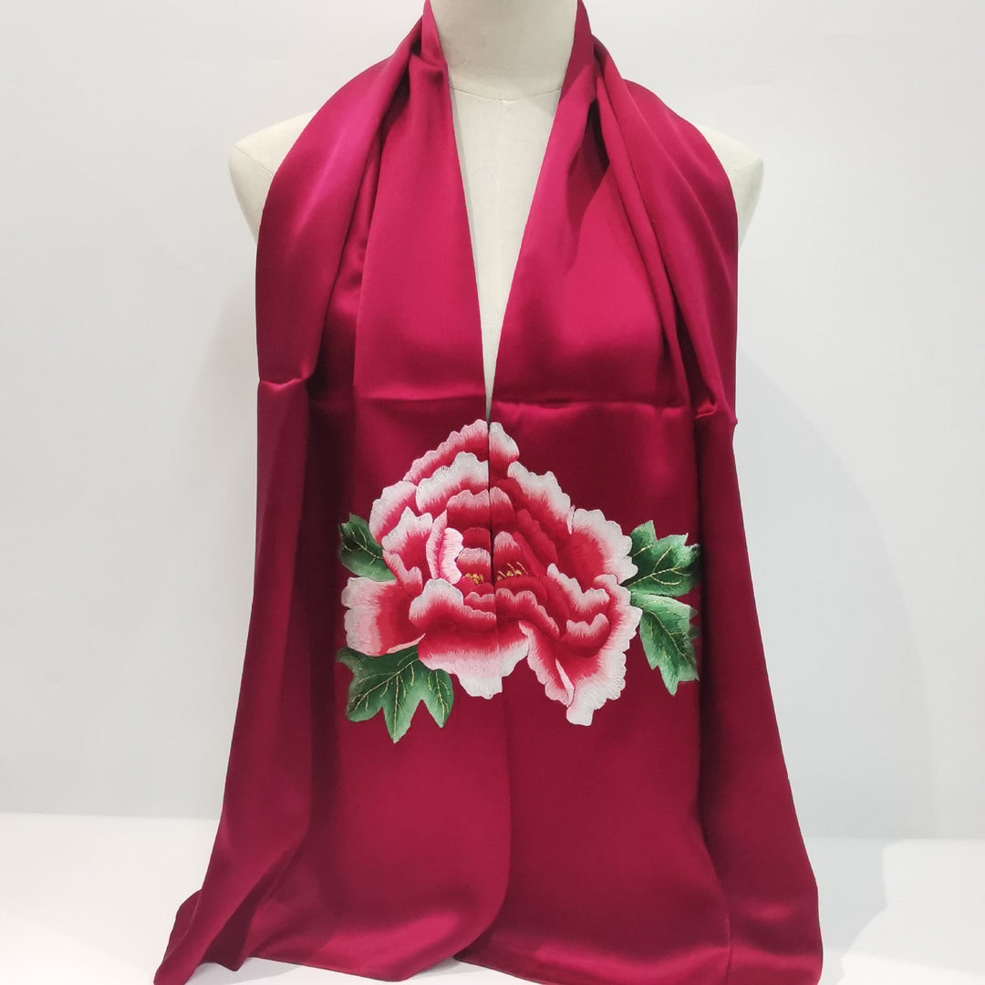 Exquisite Chinese Handcrafted Silk Scarf with Tree Peony Embroidery, Red Color