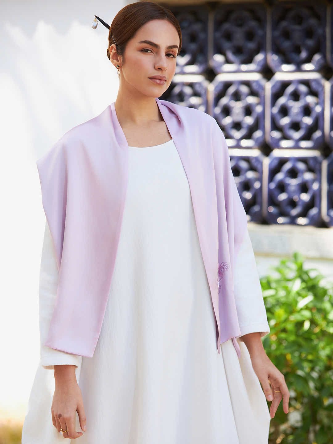 Side view of Su Xiu pink peony embroidered silk scarf, emphasizing the vibrant colors and soft texture of 18 momme mulberry silk