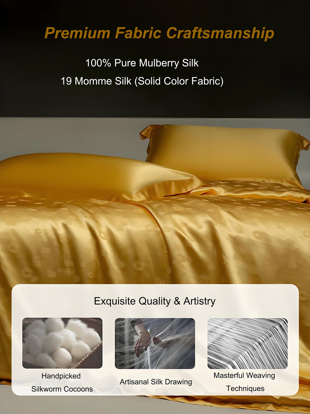 Luxury Bedding Ensemble Mulberry Silk Comforter Set with Jacquard Duvet Cover and Sheets, Wensli Golden Silkworm No.1 Premium Silk Bed Set