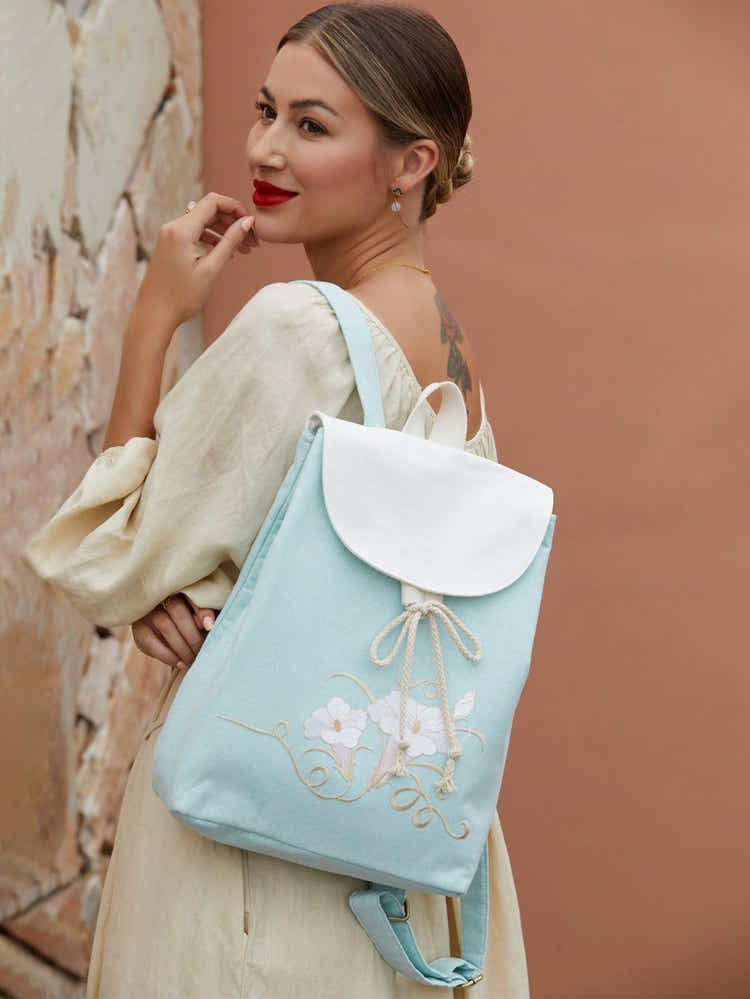 Artisanal Morning Glory Su Xiu Embroidery Lightweight Durable Linen Backpack - Yomkey