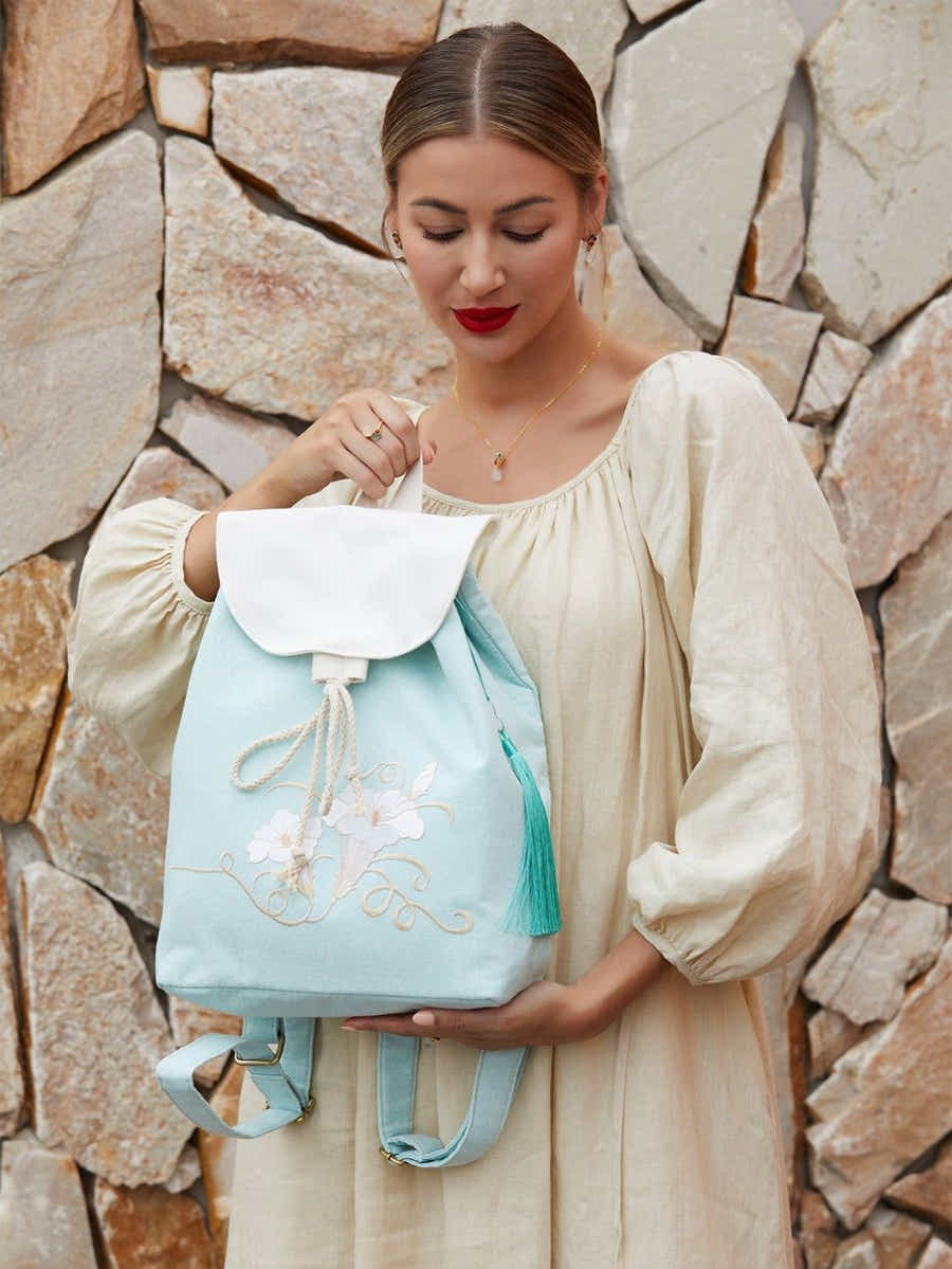 Artisanal Morning Glory Su Xiu Embroidery Lightweight Durable Linen Backpack - Yomkey
