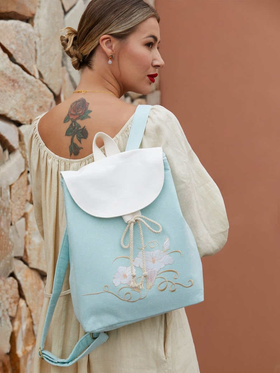 Artisanal Morning Glory Su Xiu Embroidery Lightweight Durable Linen Backpack - Yomkey