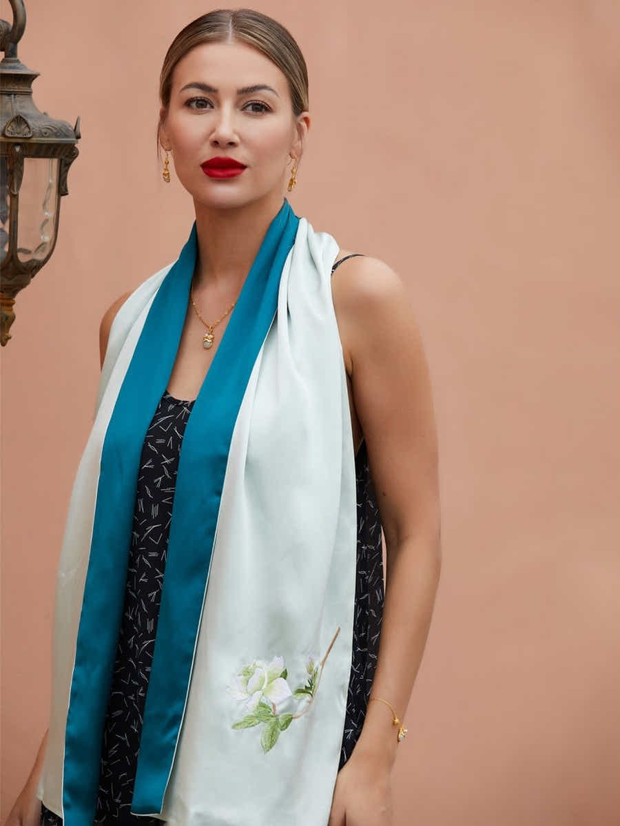 Blue & White Hand - Embroidered Su Xiu Mulberry Silk Scarf - Yomkey