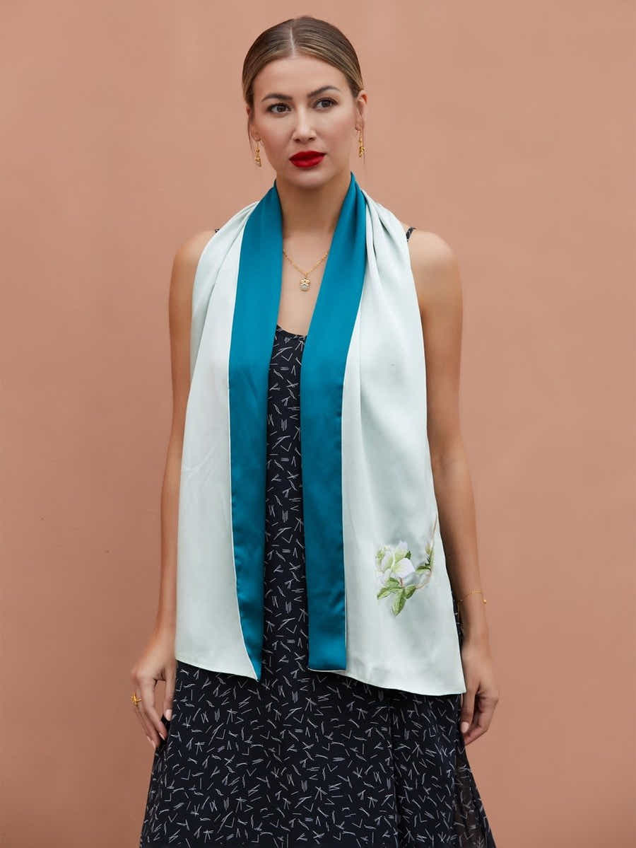 Blue & White Hand - Embroidered Su Xiu Mulberry Silk Scarf - Yomkey