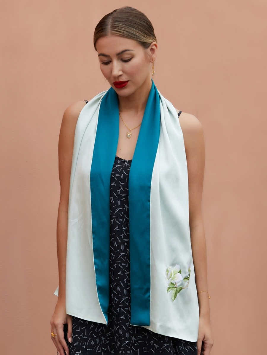 Blue & White Hand - Embroidered Su Xiu Mulberry Silk Scarf - Yomkey