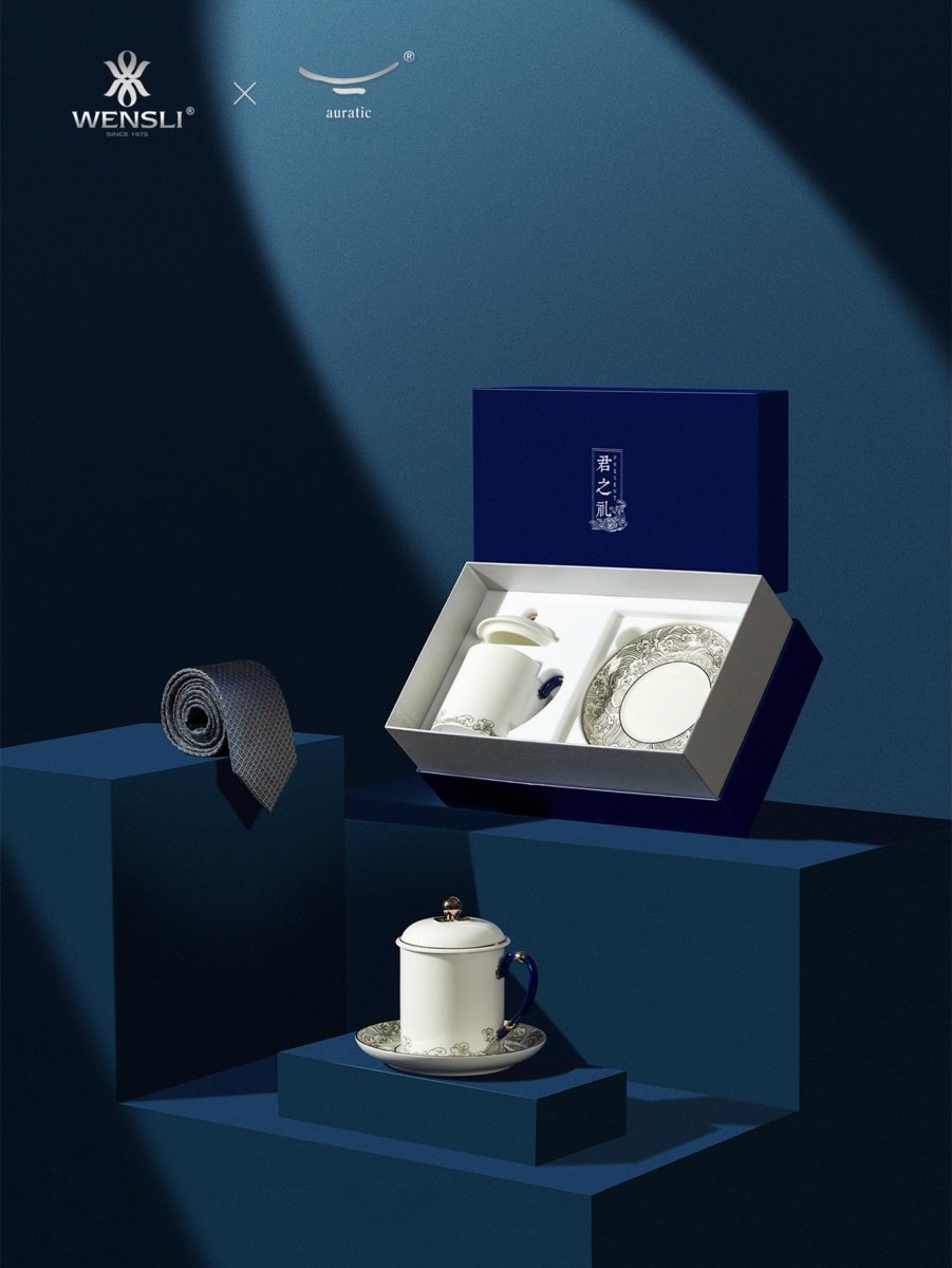 Deep Blue Silk Tie & Gilded Porcelain Set: Breathable Luxury & Status - Yomkey