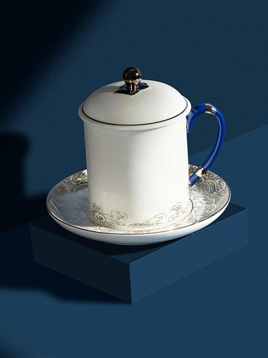 Deep Blue Silk Tie & Gilded Porcelain Set: Breathable Luxury & Status - Yomkey