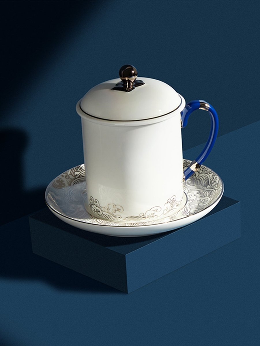Deep Blue Silk Tie & Gilded Porcelain Set: Breathable Luxury & Status - Yomkey