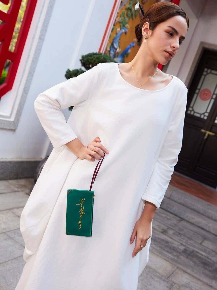 Deep Green Embroidered Linen Tote: Tibetan Prosperity Symbol & Eco - Durable - Yomkey