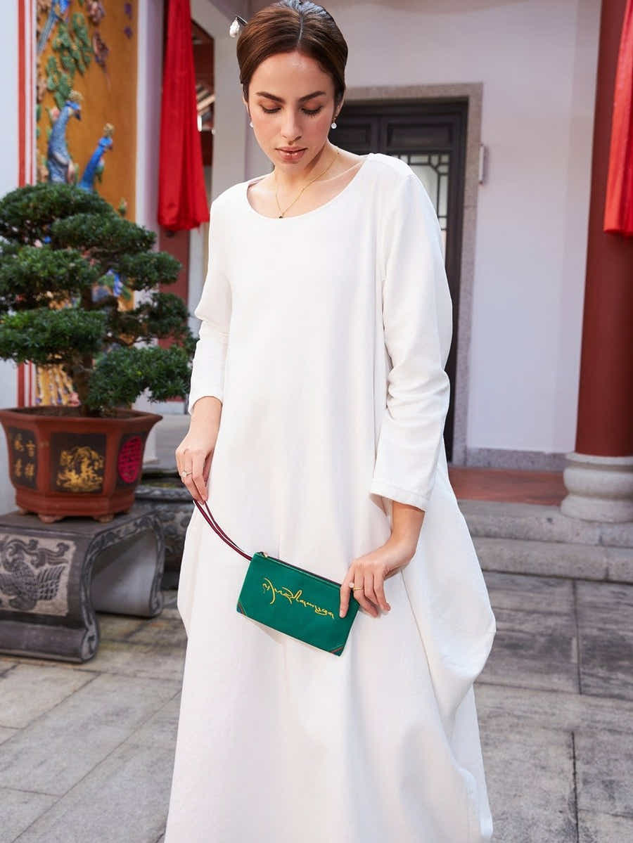 Deep Green Embroidered Linen Tote: Tibetan Prosperity Symbol & Eco - Durable - Yomkey