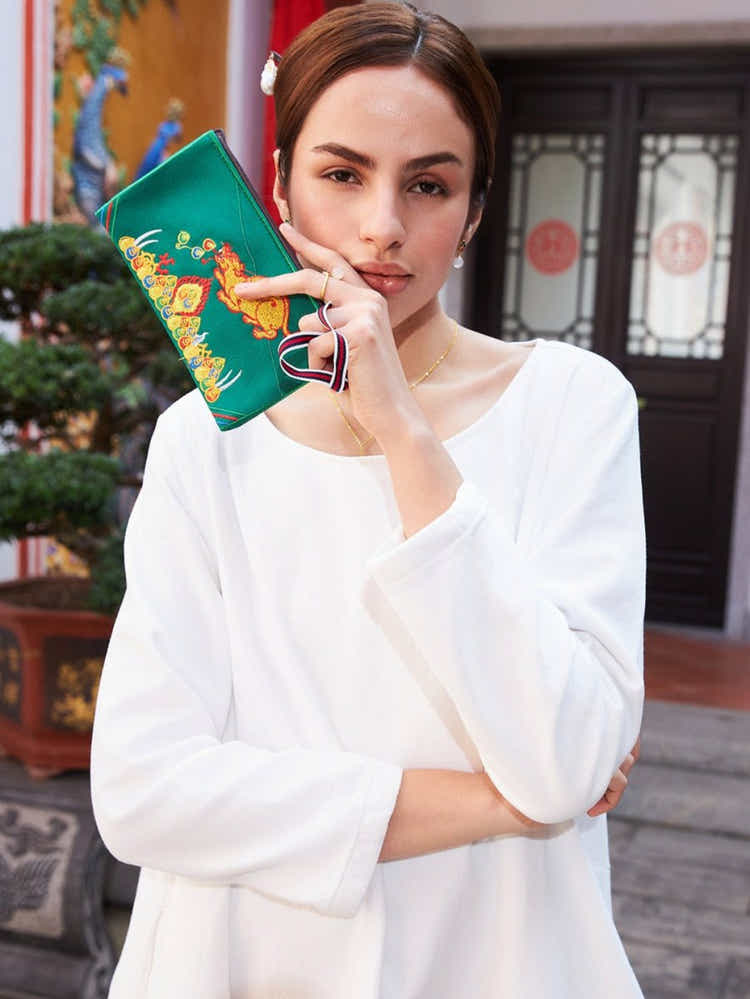 Deep Green Embroidered Linen Tote: Tibetan Prosperity Symbol & Eco - Durable - Yomkey