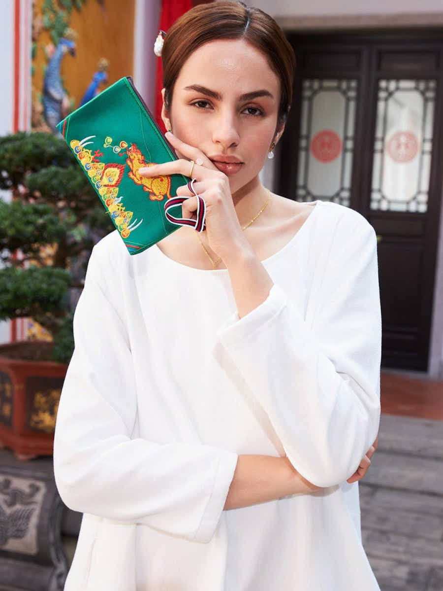 Deep Green Embroidered Linen Tote: Tibetan Prosperity Symbol & Eco - Durable - Yomkey