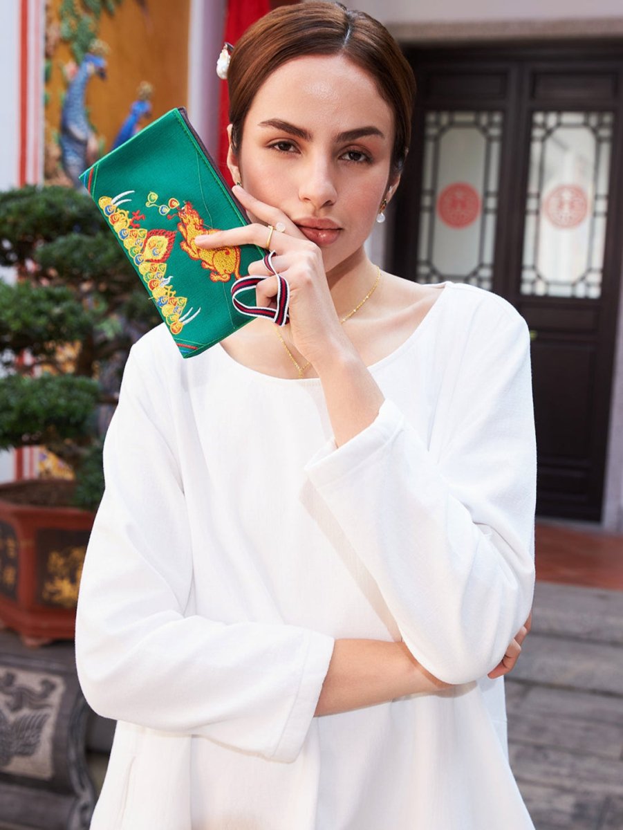 Deep Green Embroidered Linen Tote: Tibetan Prosperity Symbol & Eco - Durable - Yomkey