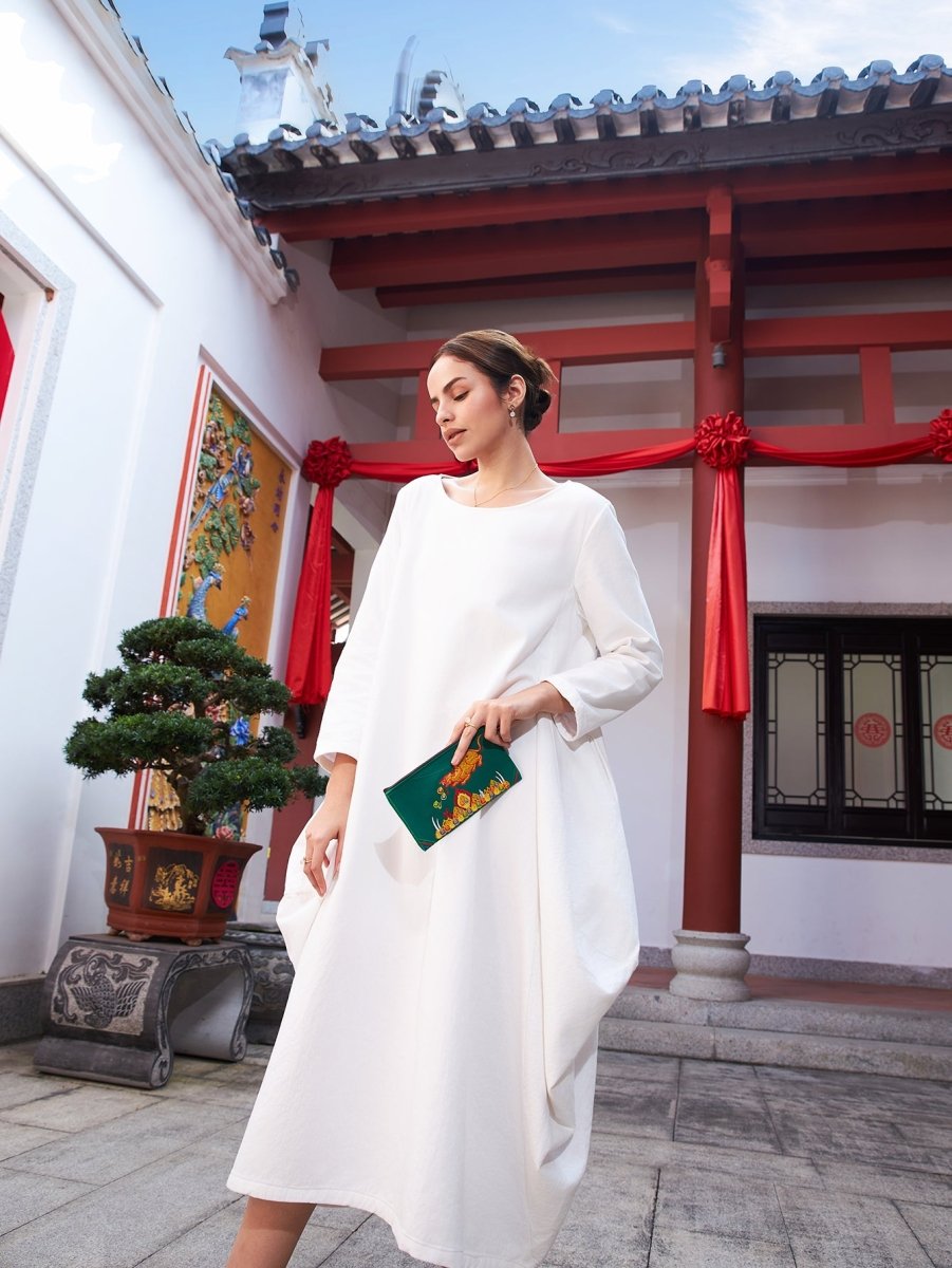 Deep Green Embroidered Linen Tote: Tibetan Prosperity Symbol & Eco - Durable - Yomkey