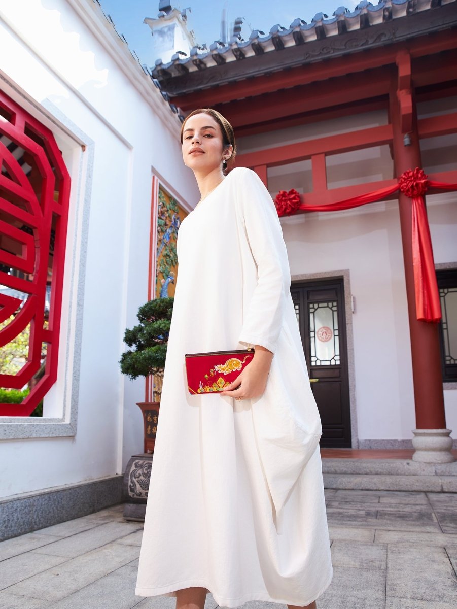 Deep Red Embroidered Linen Tote: Tibetan Prosperity Symbol & Eco - Durable - Yomkey