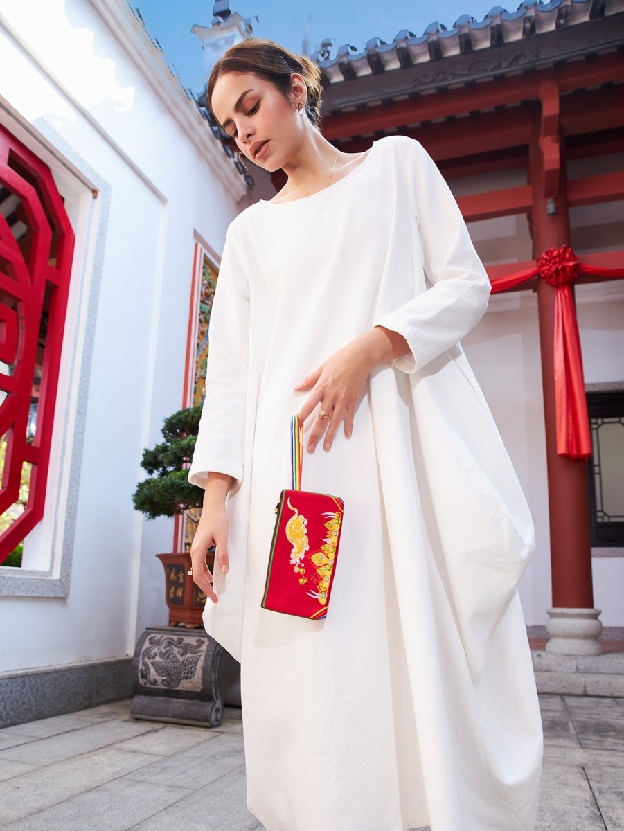 Deep Red Embroidered Linen Tote: Tibetan Prosperity Symbol & Eco - Durable - Yomkey