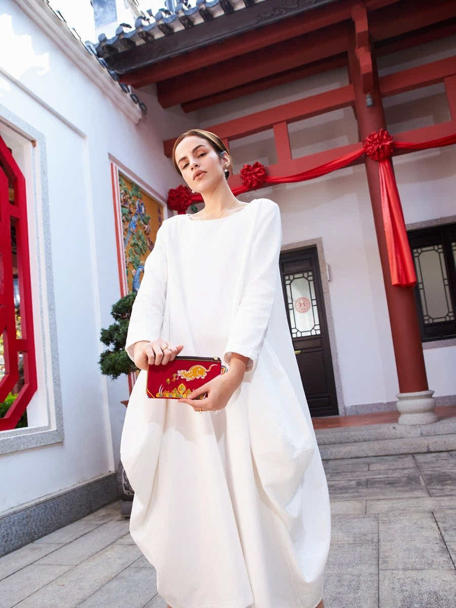 Deep Red Embroidered Linen Tote: Tibetan Prosperity Symbol & Eco - Durable - Yomkey