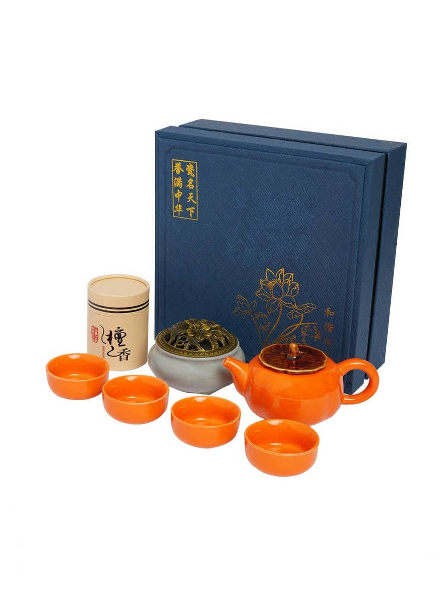 Dehua Jade-Luster Porcelain Tea Set – Smooth Orange - Yomkey