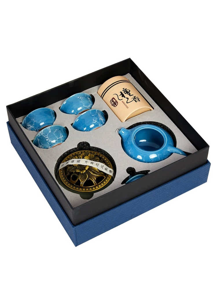 Dehua Jade-Luster Porcelain Tea Set – Stone Grain Blue - Yomkey